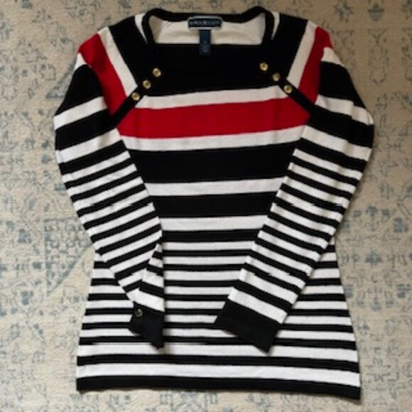 🧡3/15 Karen Scott Striped Decorative Gold Buttons Knit Top Women’s S - Picture 1 of 6